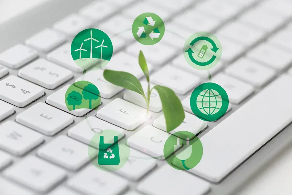 a green plant growing out of a keyboard